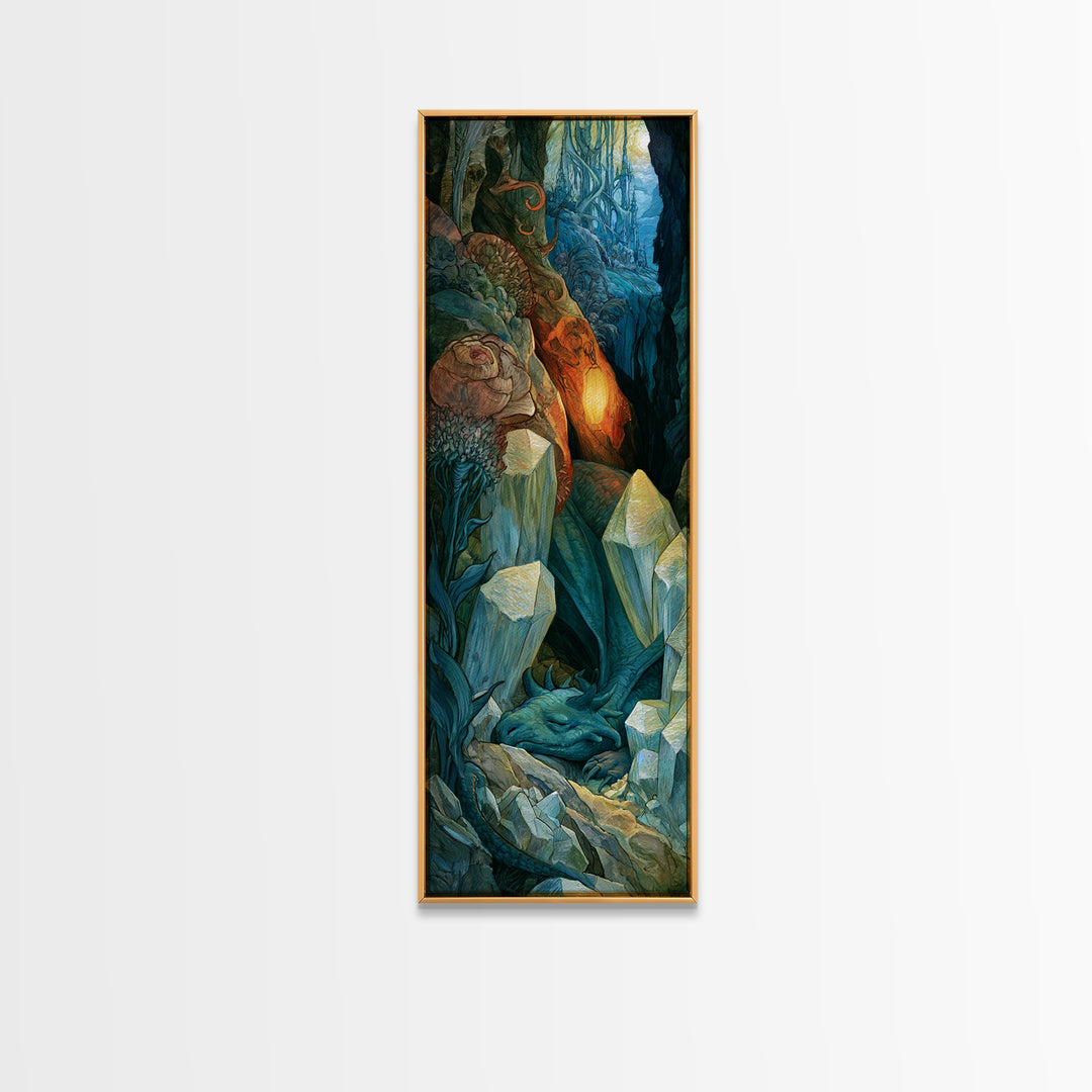 Sleeping Dragon in a Cave of Crystals Canvas Print, Fairy Tale Art, Abstract Art, Living Room Decor, Storybook, Kids Room Art, FTA-1x3-60