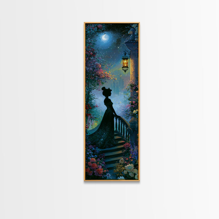 Princess Silhouette with Moonlit Garden Flowers Framed Canvas Print, Fairy Tale Art, Watercolor Art, Living Room Decor, FTA-1x3-64