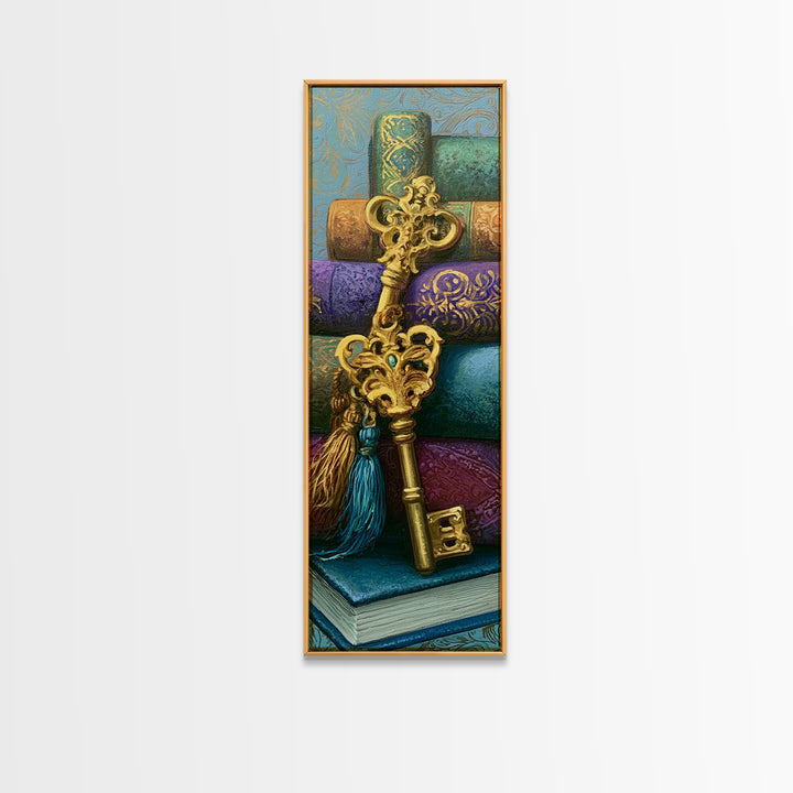 Golden Key and Enchanted Book Still Life Framed Canvas Print, Fairy Tale Art, Wall Art, Living Room Decor, Oil Painting, FTA-1x3-69