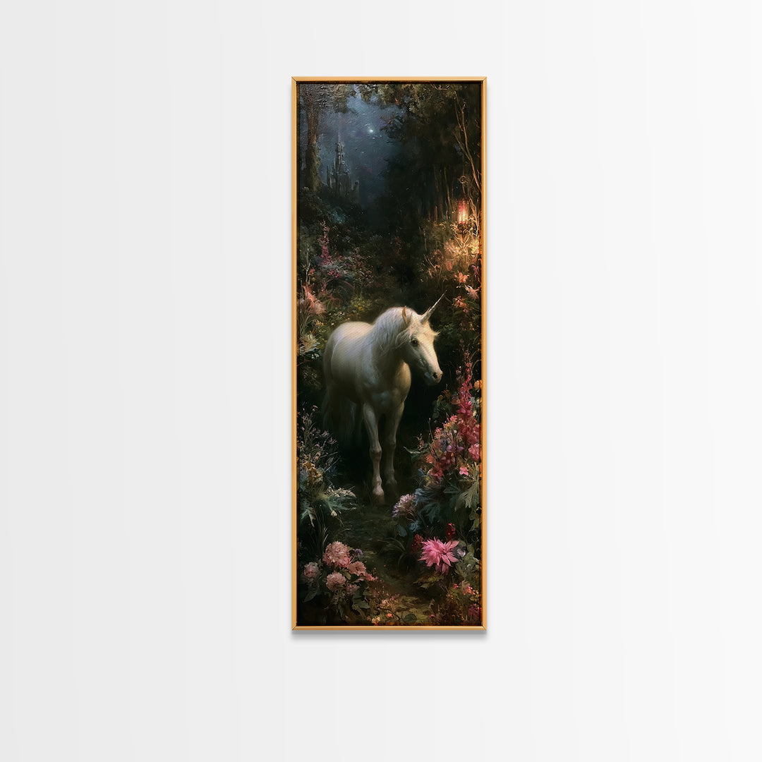 Unicorn in a Moonlit Meadow Framed Canvas Print, Fairy Tale Art, Modern Decor, Living Room Decor, Fine Art, Storybook, FTA-1x3-70