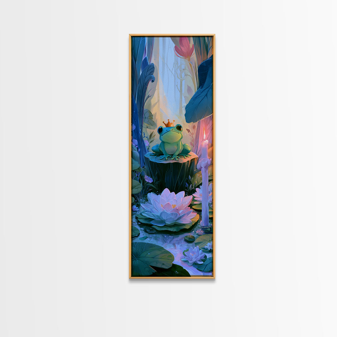 Frog Prince on a Lily Pad Framed Canvas Print, Fairy Tale Art, Gallery Decor, Living Room Decor, Fine Art, Storybook, FTA-1x3-71