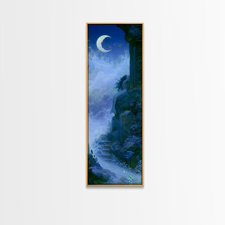 Mermaid Combing Hair Beneath a Pearl Moon Canvas Print, Fairy Tale Art, Folk Art, Living Room Decor, Fine Art, Storybook, FTA-1x3-72