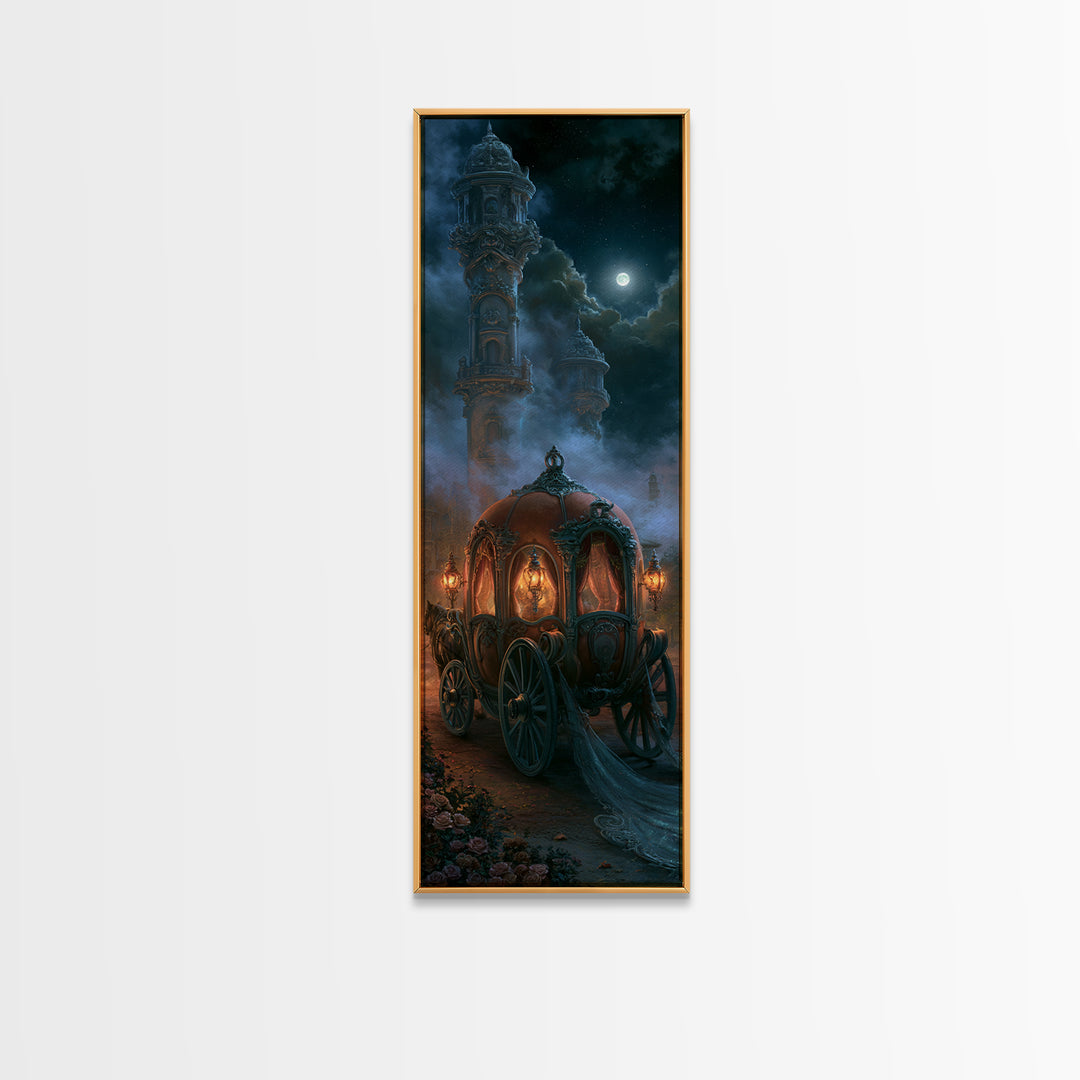 Pumpkin Carriage under Midnight Sky Framed Canvas Print, Fairy Tale Art, Princess Wall Art, Living Room Decor, Oil Painting, FTA-1x3-76