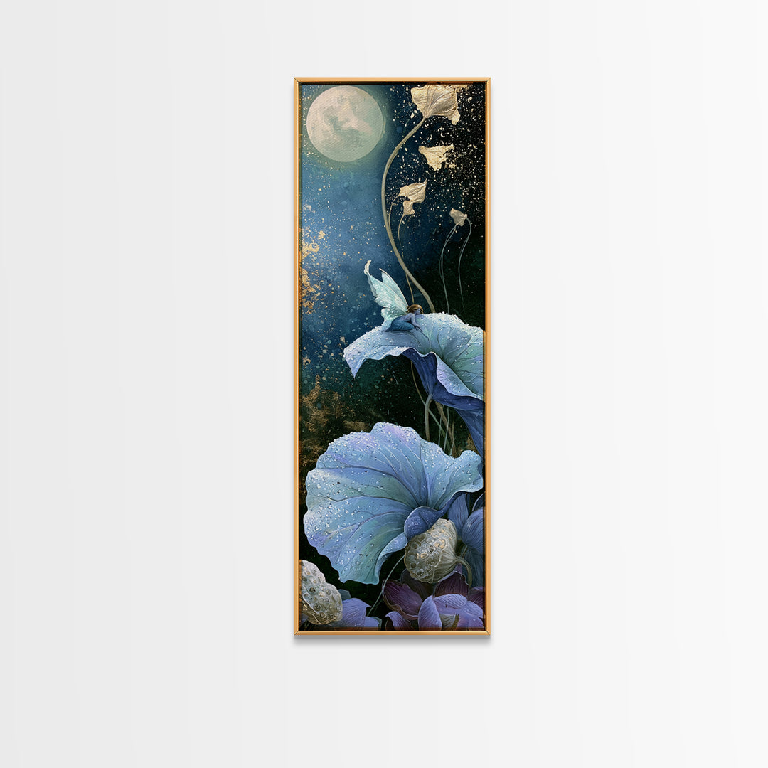 Tiny Fairy Resting on a Dew Covered Framed Canvas Print, Fairy Tale Art, Boho Decor, Living Room Decor, Fine Art, Storybook, FTA-1x3-91