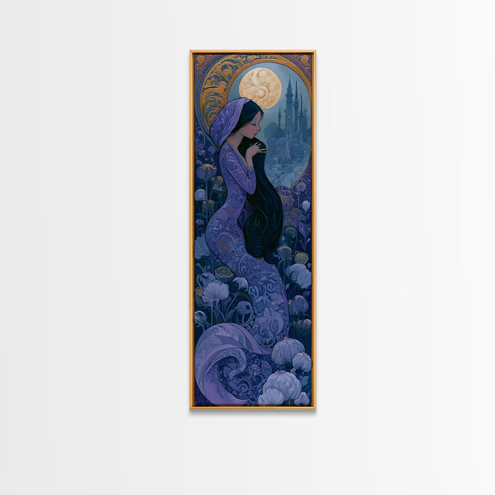 Mermaid Combing Hair Beneath a Pearl Moon Canvas Print, Fairy Tale Art, Kids Room Decor, Living Room Decor, Storybook, FTA-1x3-96