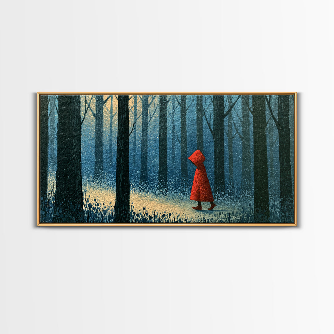 Red Cloak Figure Walking Through Dark Woods Framed Canvas Print, Fairy Tale Art, Dark Art, Living Room Decor, Storybook, FTA-2x1-100