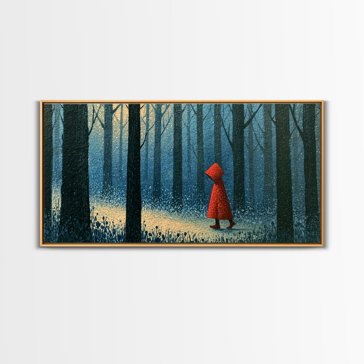 Red Cloak Figure Walking Through Dark Woods Framed Canvas Print, Fairy Tale Art, Dark Art, Living Room Decor, Storybook, FTA-2x1-100
