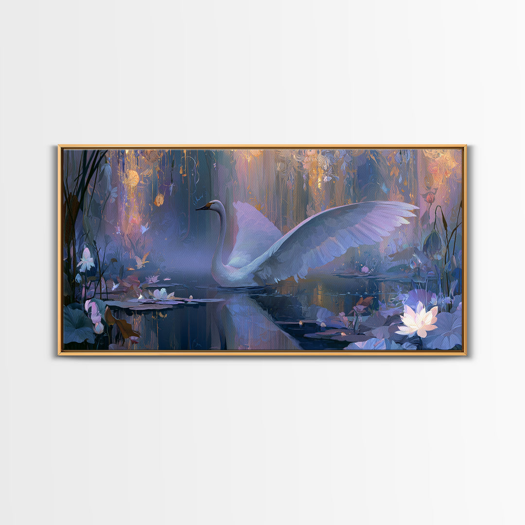 White Swan Transformation Scene Framed Canvas Print, Fairy Tale Art, Folk Art, Living Room Decor, Fine Art, Storybook, FTA-2x1-11