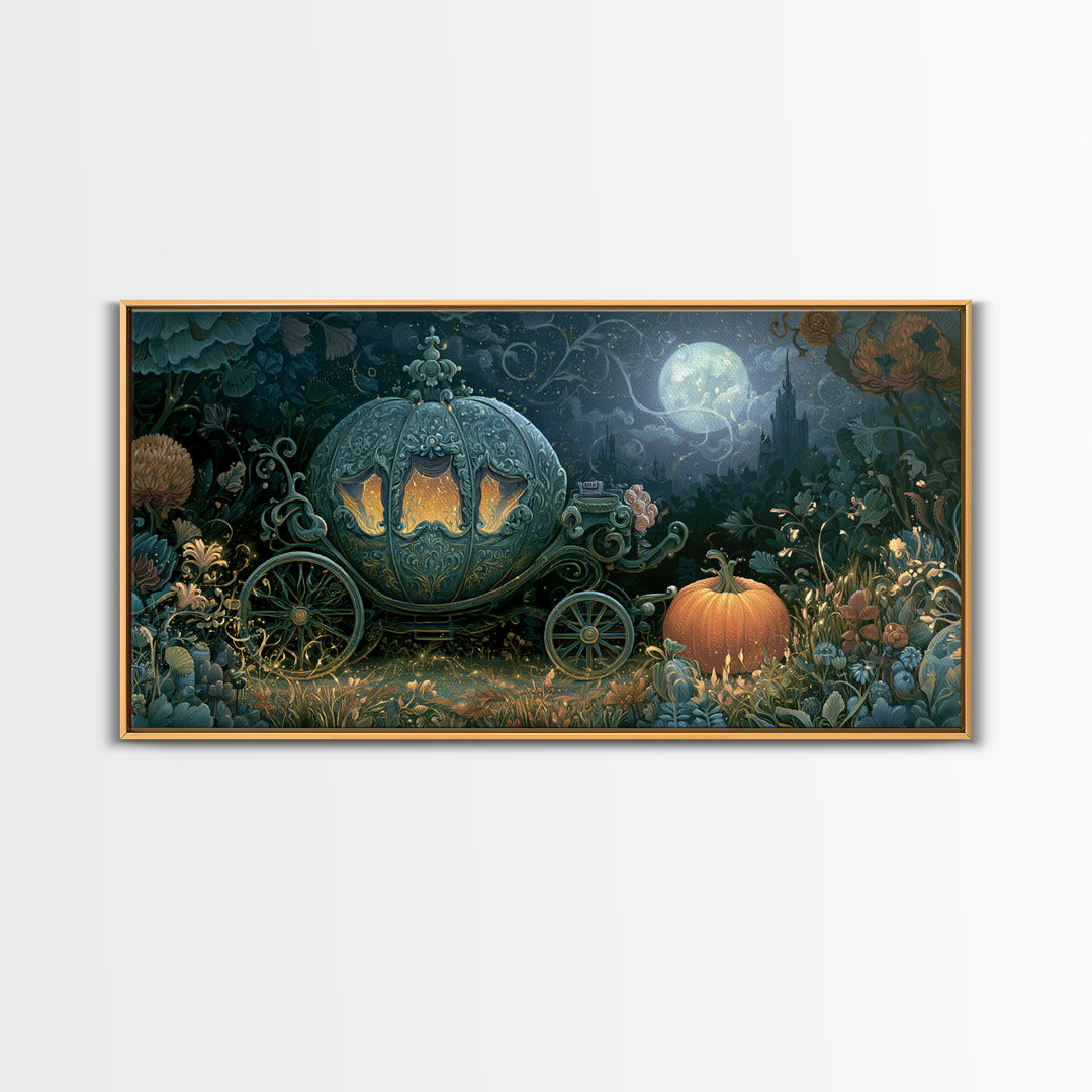 Pumpkin Carriage under Midnight Sky Framed Canvas Print, Fairy Tale Art, Room Decor, Living Room Decor, Fine Art, Storybook, FTA-2x1-12