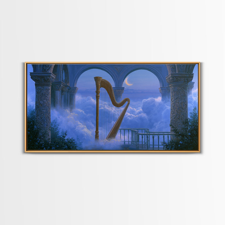 Golden Harp in a Cloud Kingdom Framed Canvas Print, Fairy Tale Art, Room Decor, Living Room Decor, Fine Art, Storybook, FTA-2x1-18