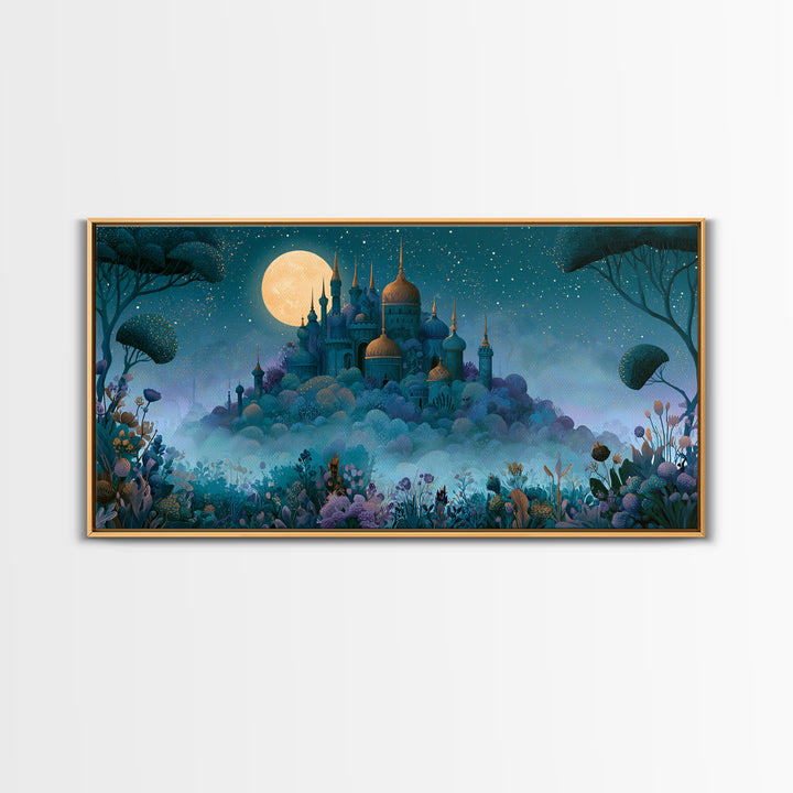 Storybook Castle on a Misty Hill Canvas Print, Fairy Tale Art, Textured Painting, Living Room Decor, Fine Art, Storybook, FTA-2x1-22