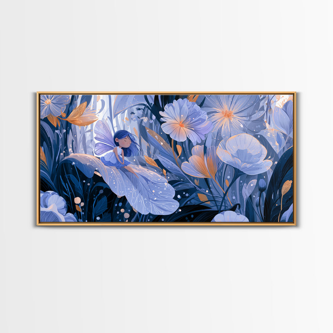 Tiny Fairy Resting on a Dew Covered Framed Canvas Print, Fairy Tale Art, Boho Decor, Living Room Decor, Fine Art, Storybook, FTA-2x1-27