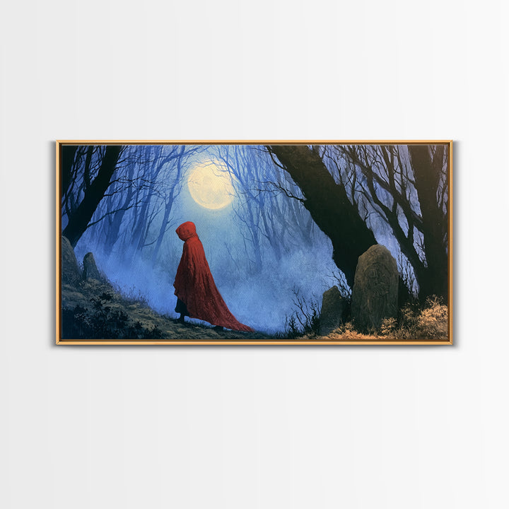 Red Cloak Figure Walking Through Dark Woods Canvas Print, Fairy Tale Art, Contemporary Art, Living Room Decor, Storybook, FTA-2x1-28