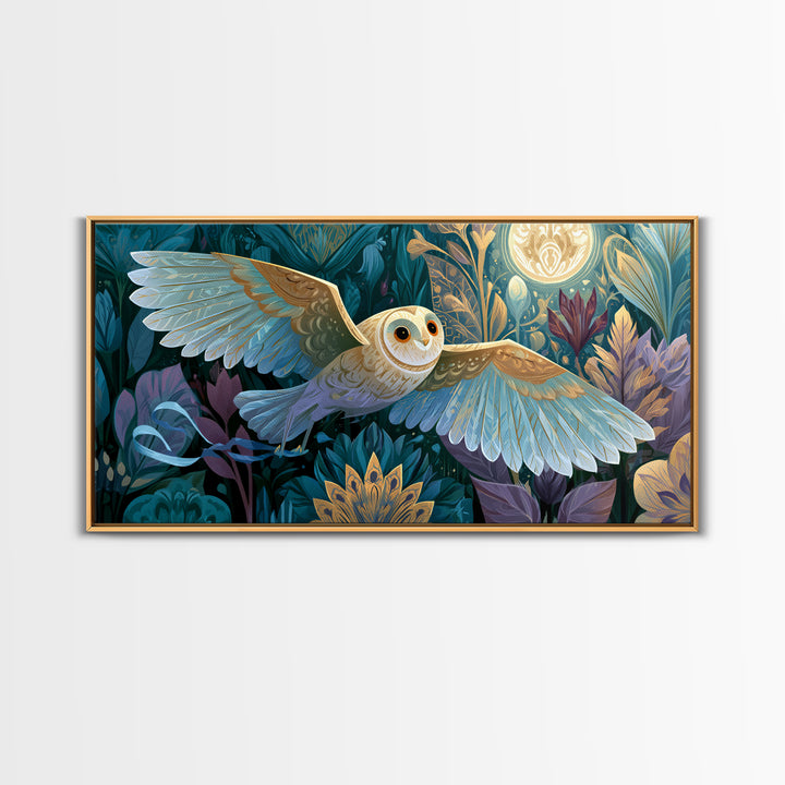 Owl Messenger Carrying a Tiny Ribbon Framed Canvas Print, Fairy Tale Art, Art Print, Living Room Decor, Fine Art, Storybook, FTA-2x1-37