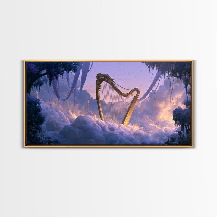 Golden Harp in a Cloud Kingdom Framed Canvas Print, Fairy Tale Art, Room Decor, Living Room Decor, Fine Art, Storybook, FTA-2x1-42