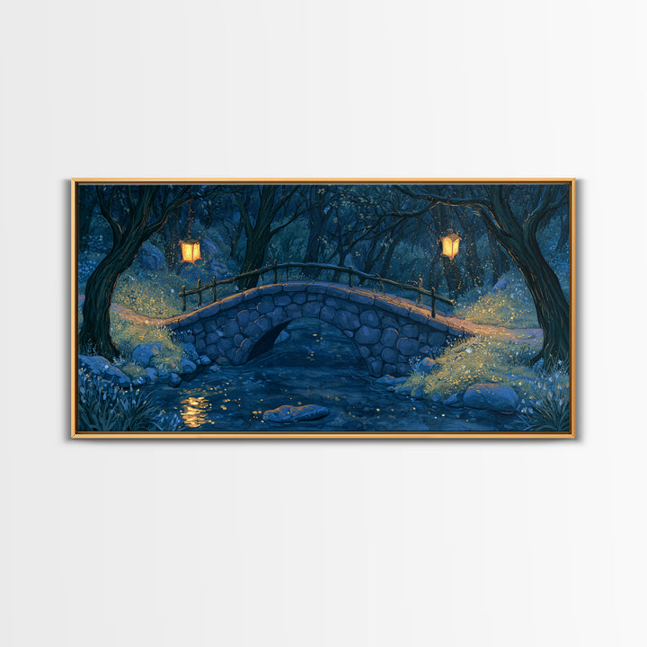 Lantern Lit Bridge Framed Canvas Print, Fairy Tale Art, Original Art, Living Room Decor, Fine Art, Storybook, Folk Art, FTA-2x1-43
