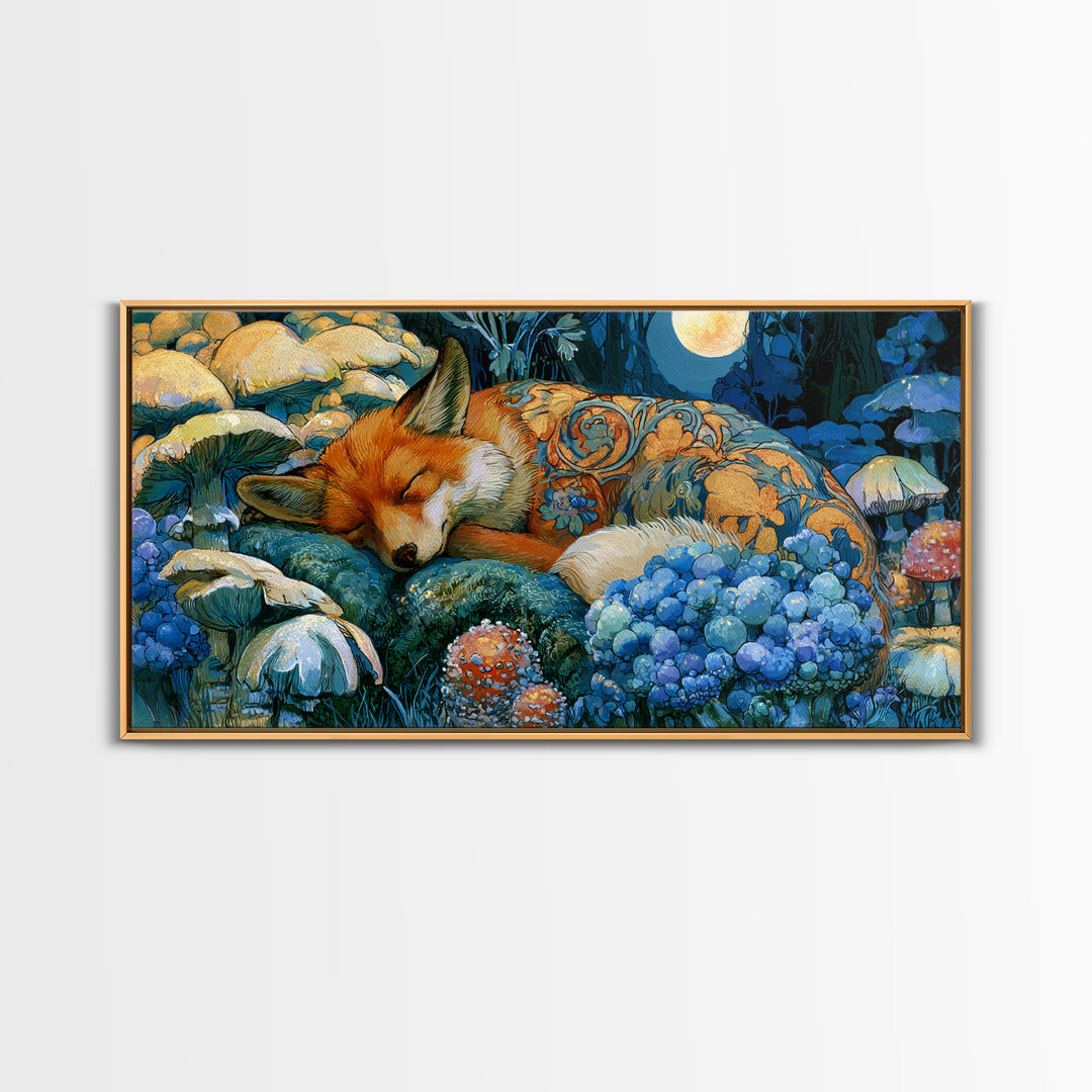 Sleeping Fox Beside a Magical Mushroom Ring Canvas Print, Fairy Tale Art, Boho Wall Art, Living Room Decor, Oil Painting, FTA-2x1-47