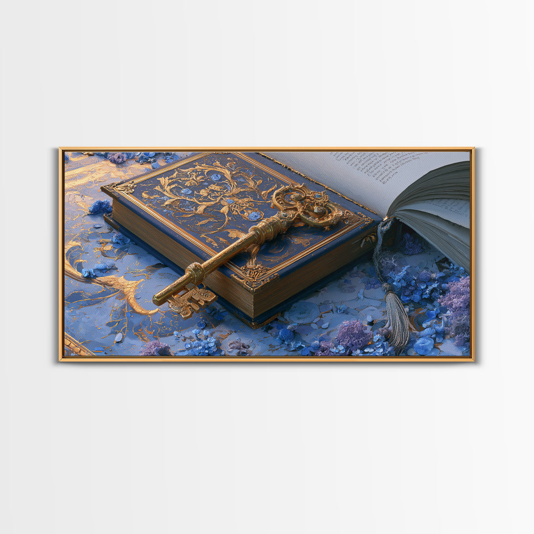 Golden Key and Enchanted Book Still Life Canvas Print, Fairy Tale Art, Nursery Wall Art, Living Room Decor, Storybook, FTA-2x1-5