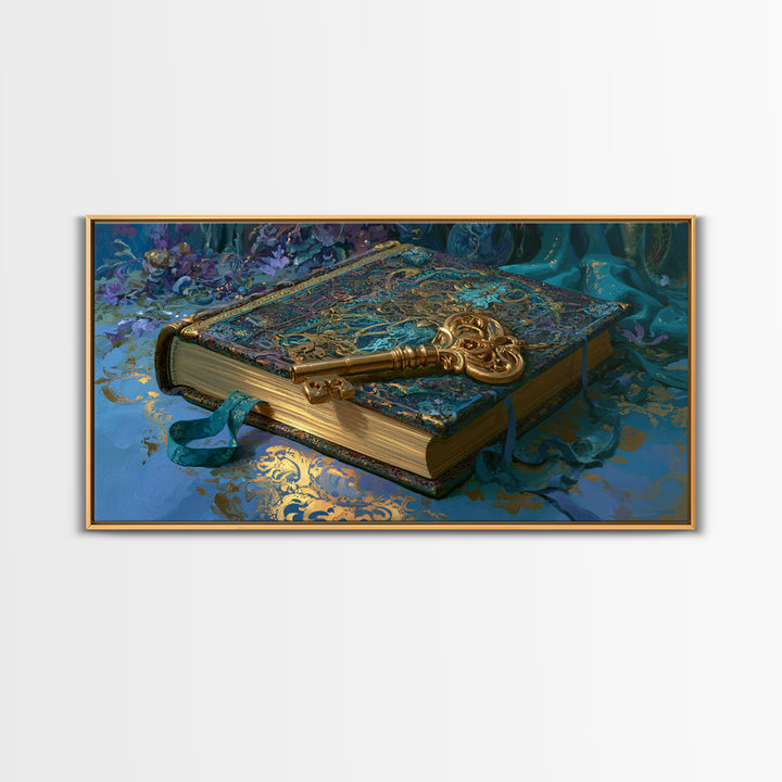 Golden Key and Enchanted Book Still Life Canvas Print, Fairy Tale Art, Boho Wall Art, Living Room Decor, Oil Painting, FTA-2x1-53