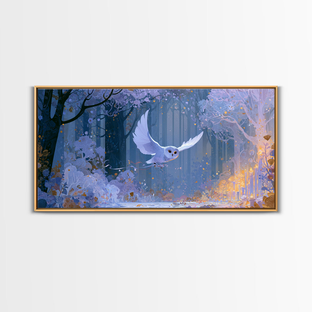 Owl Messenger Carrying a Tiny Ribbon Canvas Print, Fairy Tale Art, Canvas Wall Art, Living Room Decor, Fine Art, Storybook, FTA-2x1-61