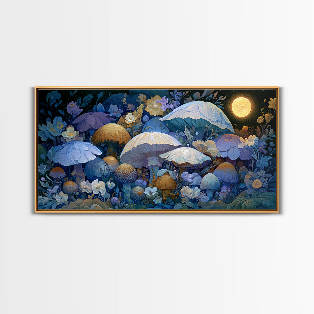Fairy Ring of Mushrooms and Wildflowers Framed Canvas Print, Fairy Tale Art, Abstract Art, Living Room Decor, Storybook, FTA-2x1-65