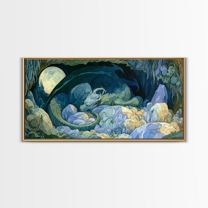Sleeping Dragon in a Cave of Crystals Canvas Print, Fairy Tale Art, Nursery Wall Art, Living Room Decor, Watercolor Art, FTA-2x1-68