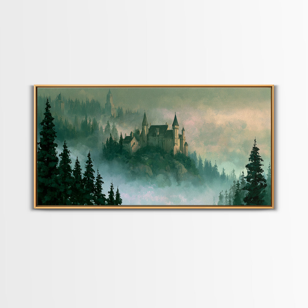 Storybook Castle on a Misty Hill Canvas Print, Fairy Tale Art, Original Art, Living Room Decor, Fine Art, Storybook, Folk Art, FTA-2x1-70