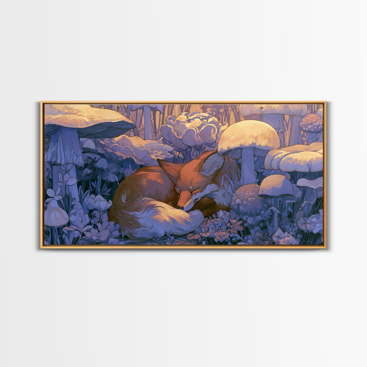 Sleeping Fox Beside a Magical Mushroom Ring Canvas Print, Fairy Tale Art, Kids Room Decor, Living Room Decor, Abstract Art, FTA-2x1-71