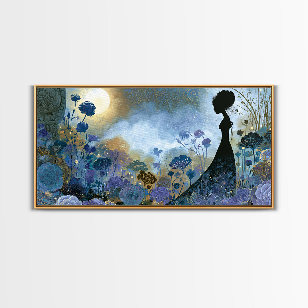 Princess Silhouette with Moonlit Garden Flowers Canvas Print, Fairy Tale Art, Art Nouveau, Living Room Decor, Storybook, FTA-2x1-72