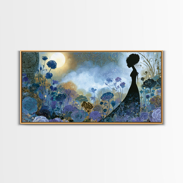 Princess Silhouette with Moonlit Garden Flowers Canvas Print, Fairy Tale Art, Art Nouveau, Living Room Decor, Storybook, FTA-2x1-72