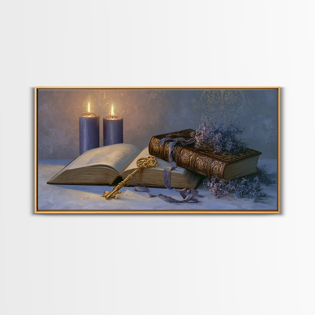 Golden Key and Enchanted Book Still Life Canvas Print, Fairy Tale Art, Boho Wall Art, Living Room Decor, Oil Painting, FTA-2x1-77