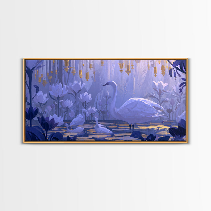 White Swan Transformation Scene Framed Canvas Print, Fairy Tale Art, Painting, Living Room Decor, Fine Art, Storybook, FTA-2x1-83