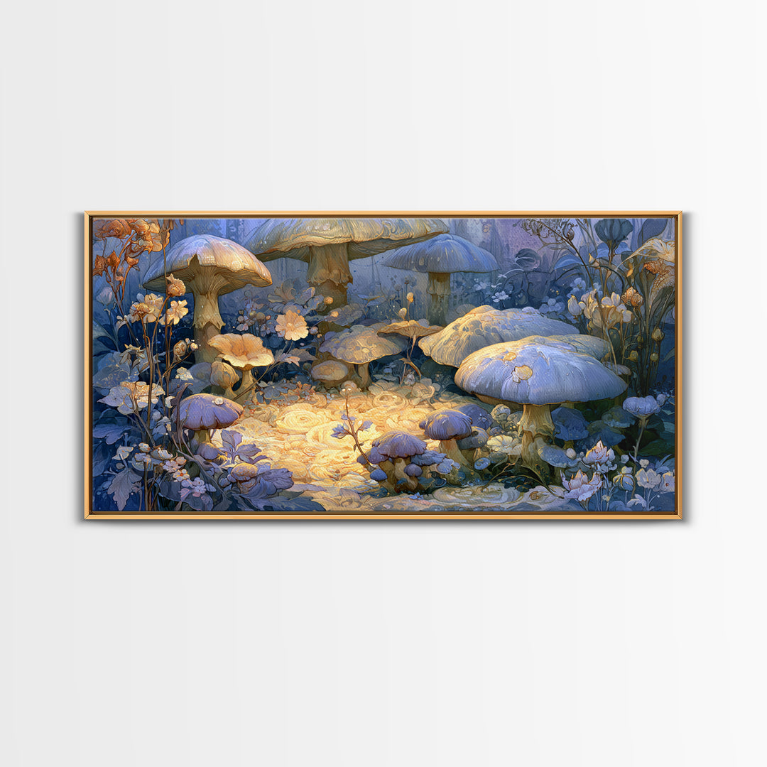 Fairy Ring of Mushrooms and Wildflowers Canvas Print, Fairy Tale Art, Nursery Art, Living Room Decor, Oil Painting, Storybook, FTA-2x1-89