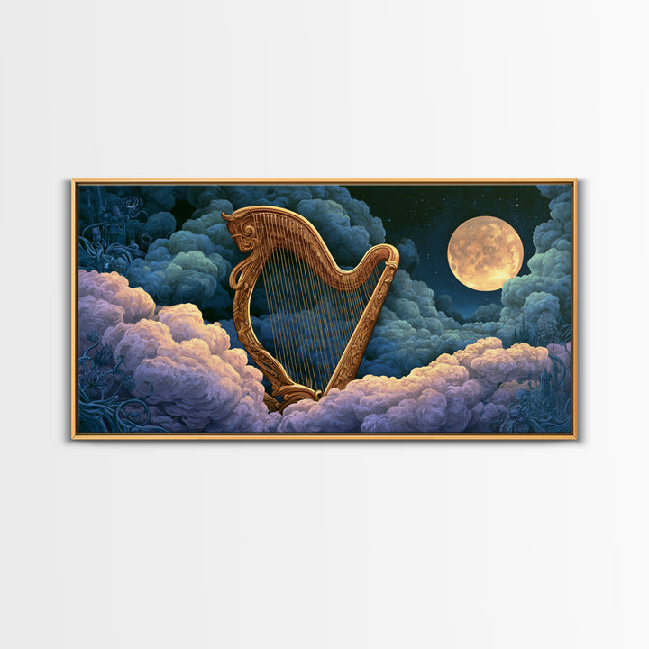 Golden Harp in a Cloud Kingdom Framed Canvas Print, Fairy Tale Art, Art Deco, Living Room Decor, Oil Painting, Storybook, FTA-2x1-90