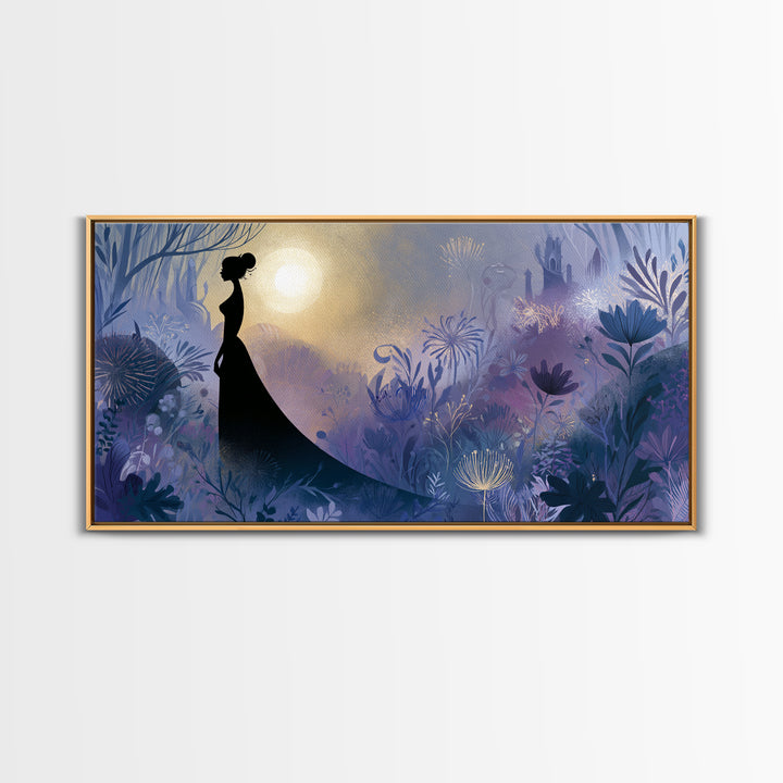 Princess Silhouette with Moonlit Garden Flowers Canvas Print, Fairy Tale Art, Princess Wall Art, Living Room Decor, Storybook, FTA-2x1-96