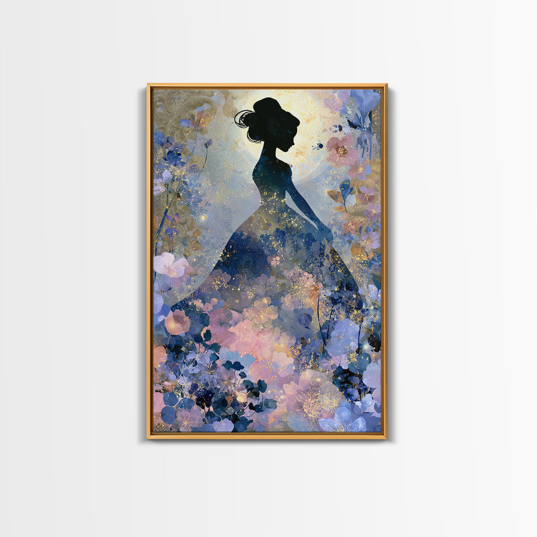 Princess Silhouette with Moonlit Garden Flowers Framed Canvas Print, Fairy Tale Art, Art Deco, Living Room Decor, Storybook, FTA-2x3-12