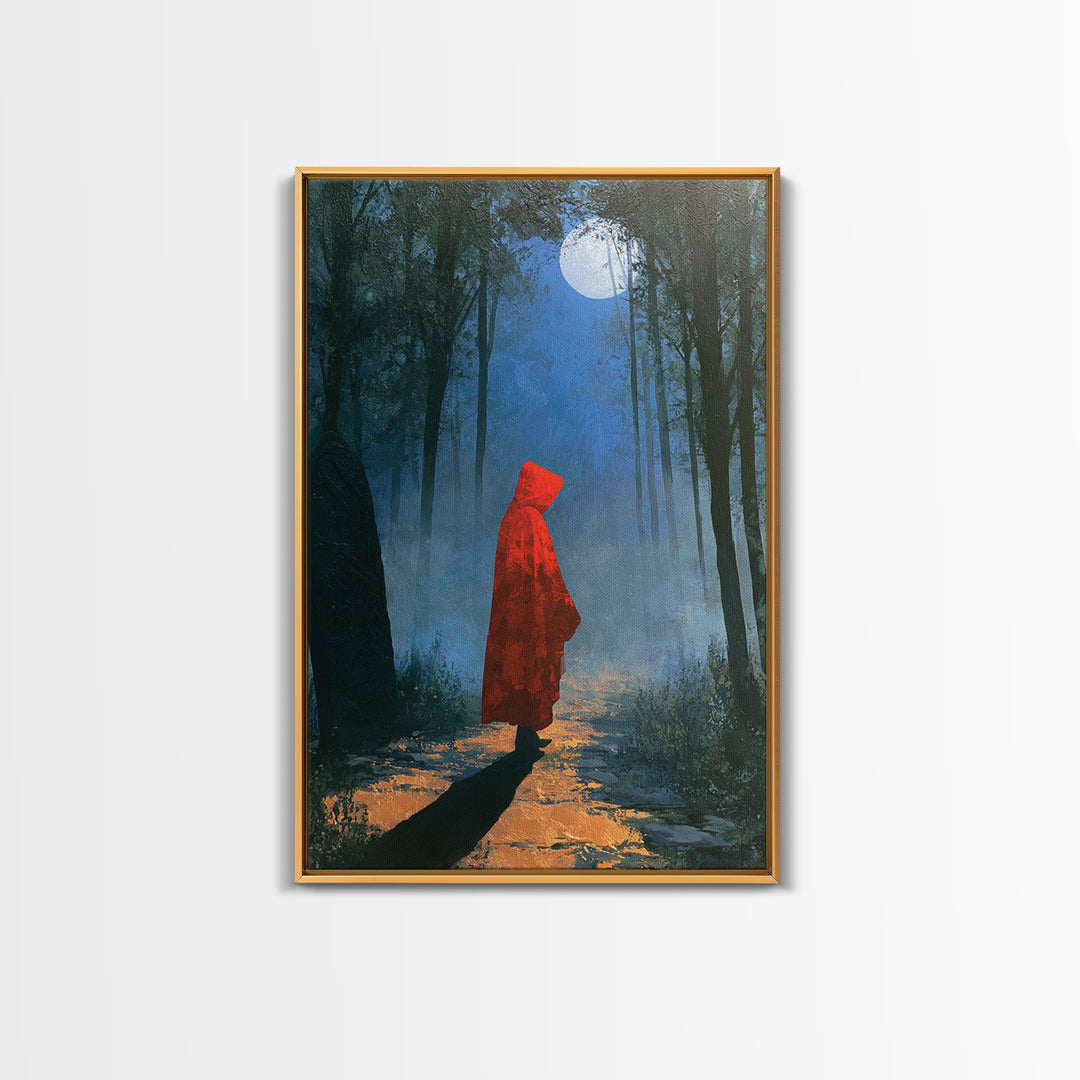 Red Cloak Figure Walking Through Dark Woods Canvas Print, Fairy Tale Art, Gallery Decor, Living Room Decor, Fine Art, Storybook, FTA-2x3-16