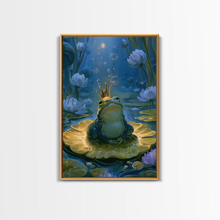 Frog Prince on a Lily Pad Framed Canvas Print, Fairy Tale Art, Contemporary Art, Living Room Decor, Fine Art, Storybook, FTA-2x3-19