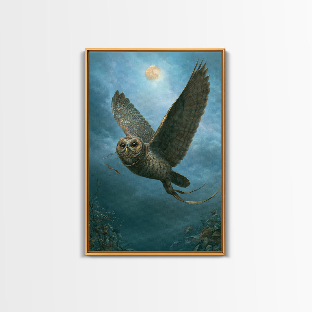 Owl Messenger Carrying a Tiny Ribbon Framed Canvas Print, Fairy Tale Art, Original Art, Living Room Decor, Fine Art, Storybook, FTA-2x3-25
