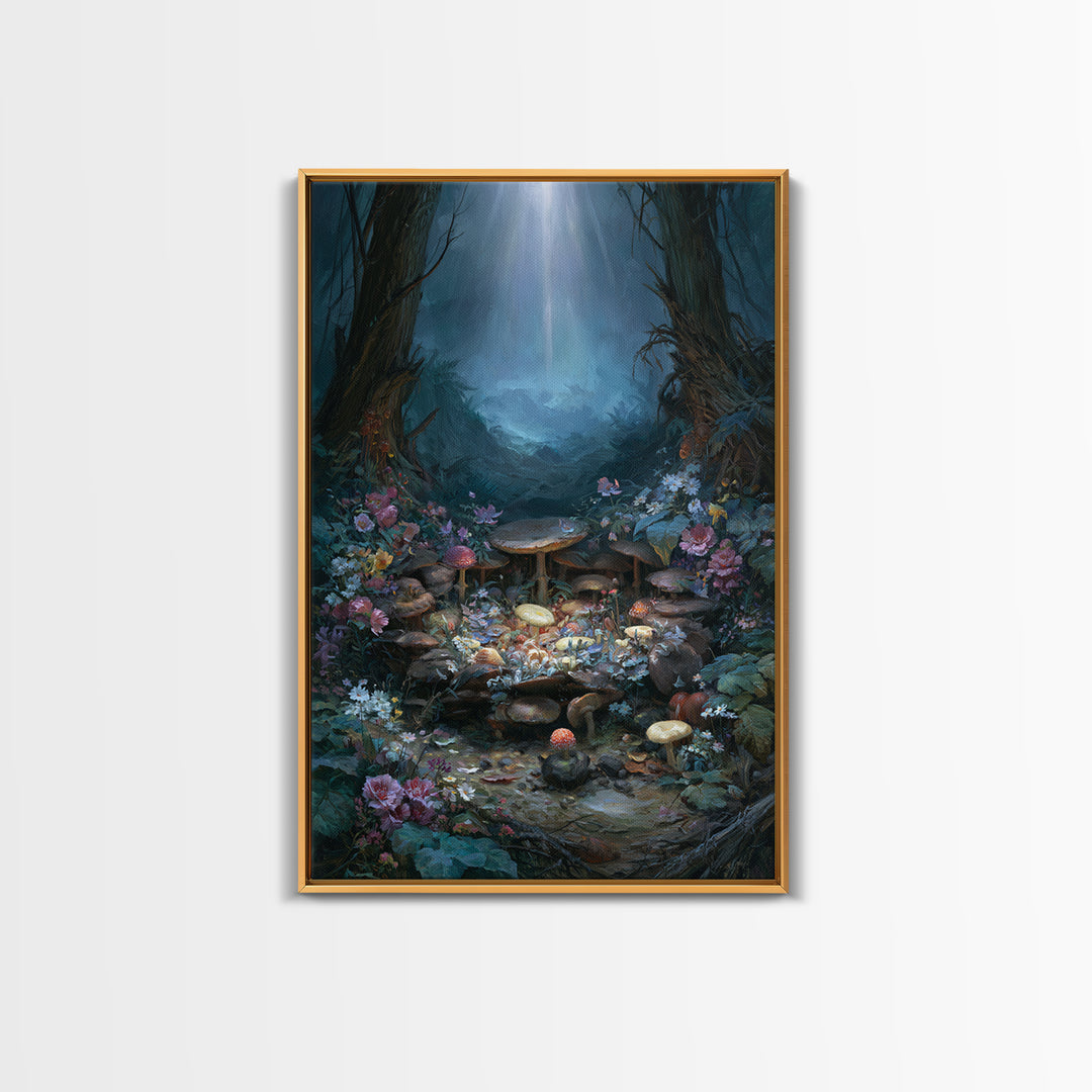 Fairy Ring of Mushrooms and Wildflowers Canvas Print, Fairy Tale Art, Nursery Wall Art, Living Room Decor, Watercolor Art, FTA-2x3-29
