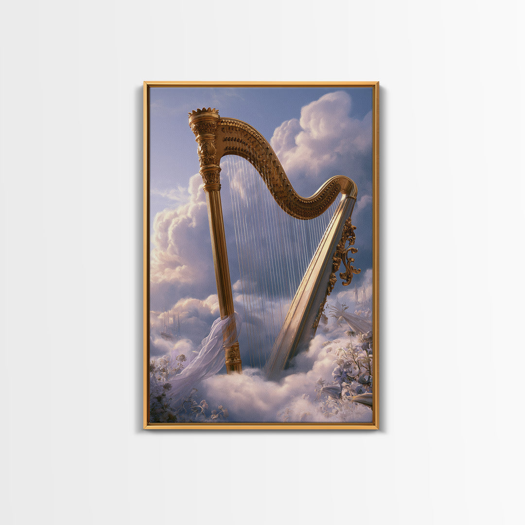 Golden Harp in a Cloud Kingdom Framed Canvas Print, Fairy Tale Art, Minimalist Decor, Living Room Decor, Fine Art, Storybook, FTA-2x3-30