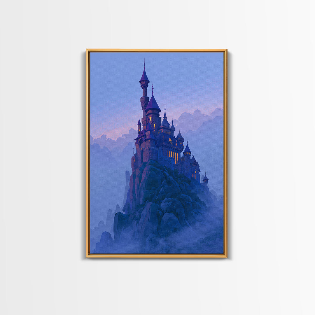 Storybook Castle on a Misty Hill Framed Canvas Print, Fairy Tale Art, Art Print, Living Room Decor, Fine Art, Storybook, FTA-2x3-34