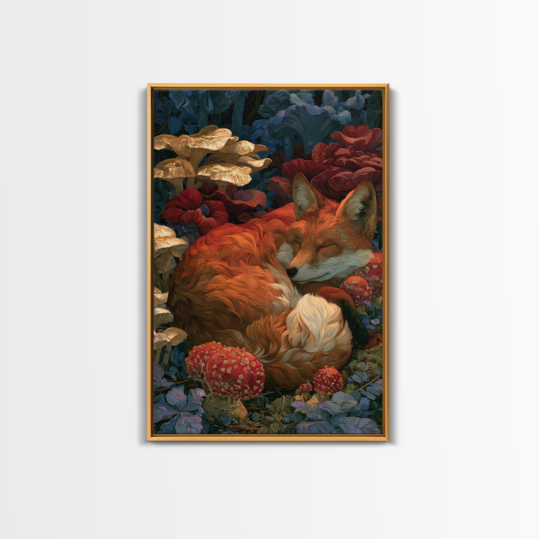 Sleeping Fox Beside a Magical Mushroom Ring Canvas Print, Fairy Tale Art, Nursery Wall Art, Living Room Decor, Watercolor Art, FTA-2x3-35