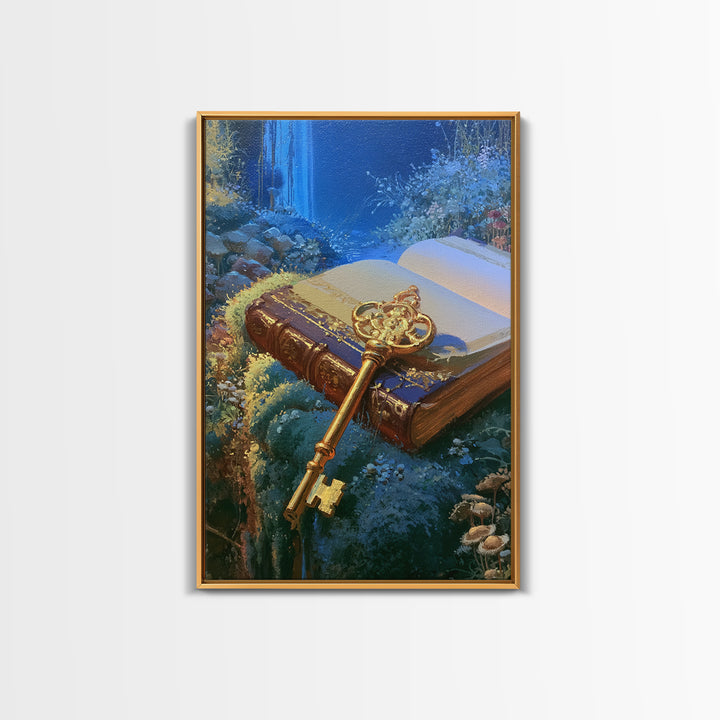 Golden Key and Enchanted Book Still Life Framed Canvas Print, Fairy Tale Art, Abstract Art, Living Room Decor, Storybook, FTA-2x3-41