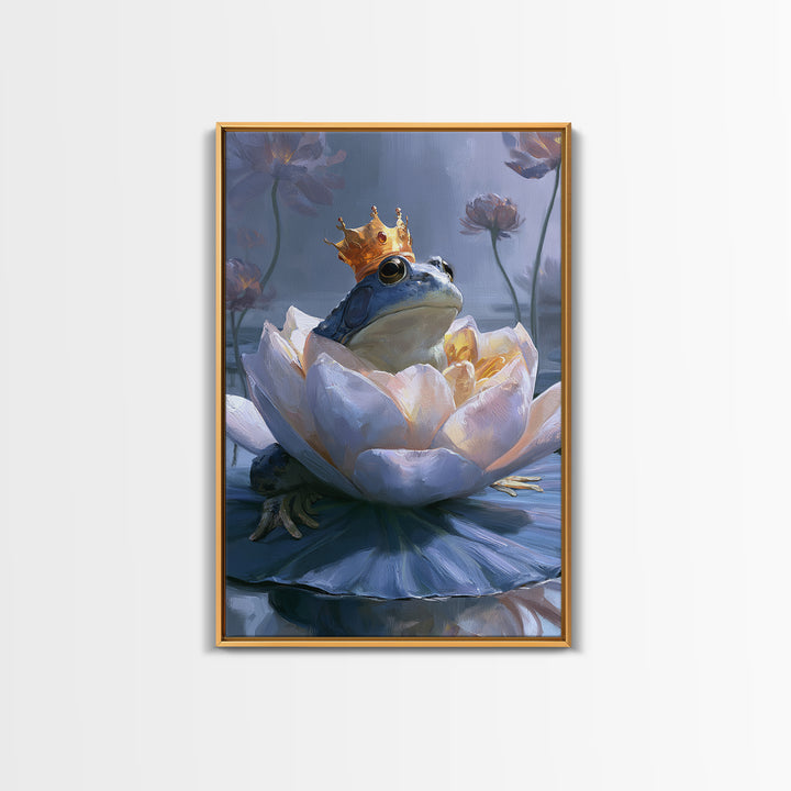Frog Prince on a Lily Pad Framed Canvas Print, Fairy Tale Art, Canvas Wall Art, Living Room Decor, Fine Art, Storybook, FTA-2x3-43