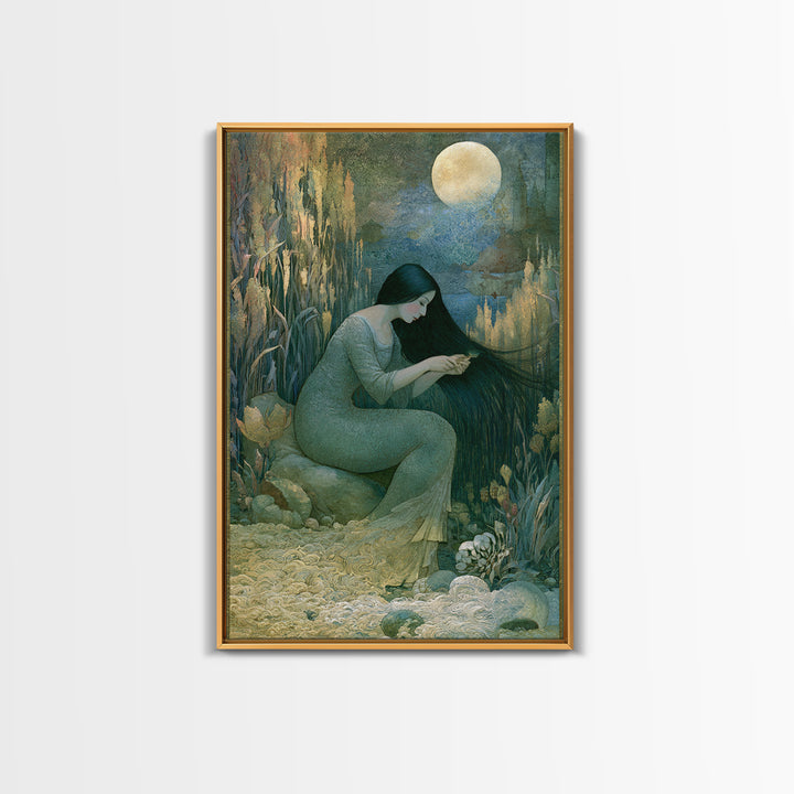 Mermaid Combing Hair Beneath a Pearl Moon Canvas Print, Fairy Tale Art, Luxury Decor, Living Room Decor, Storybook, FTA-2x3-44