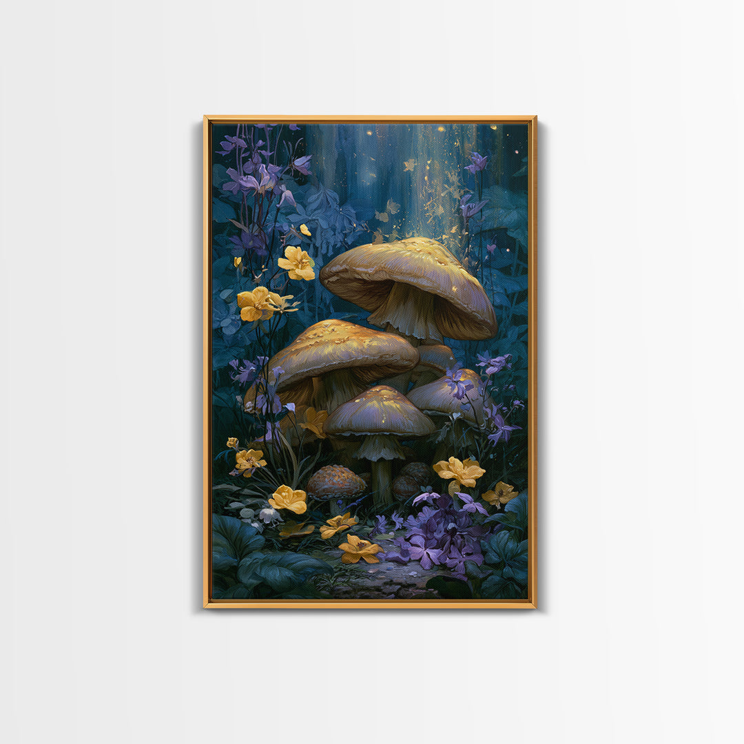 Fairy Ring of Mushrooms and Wildflowers Framed Canvas Print, Fairy Tale Art, Boho Wall Art, Living Room Decor, Watercolor Art, FTA-2x3-53