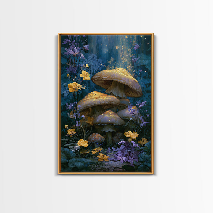 Fairy Ring of Mushrooms and Wildflowers Framed Canvas Print, Fairy Tale Art, Boho Wall Art, Living Room Decor, Watercolor Art, FTA-2x3-53