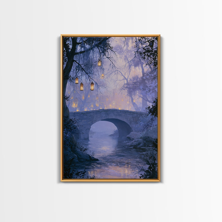 Lantern Lit Bridge Framed Canvas Print, Fairy Tale Art, Original Art, Living Room Decor, Fine Art, Storybook, Folk Art, FTA-2x3-55