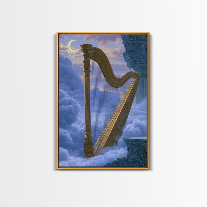 Golden Harp in a Cloud Kingdom Framed Canvas Print, Fairy Tale Art, Minimalist Decor, Living Room Decor, Fine Art, Storybook, FTA-2x3-6